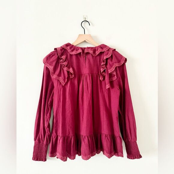Böhme Edith Ruffle Long Sleeve Cotton Blouse in Burgundy - Size XS - Picture 4 of 6
